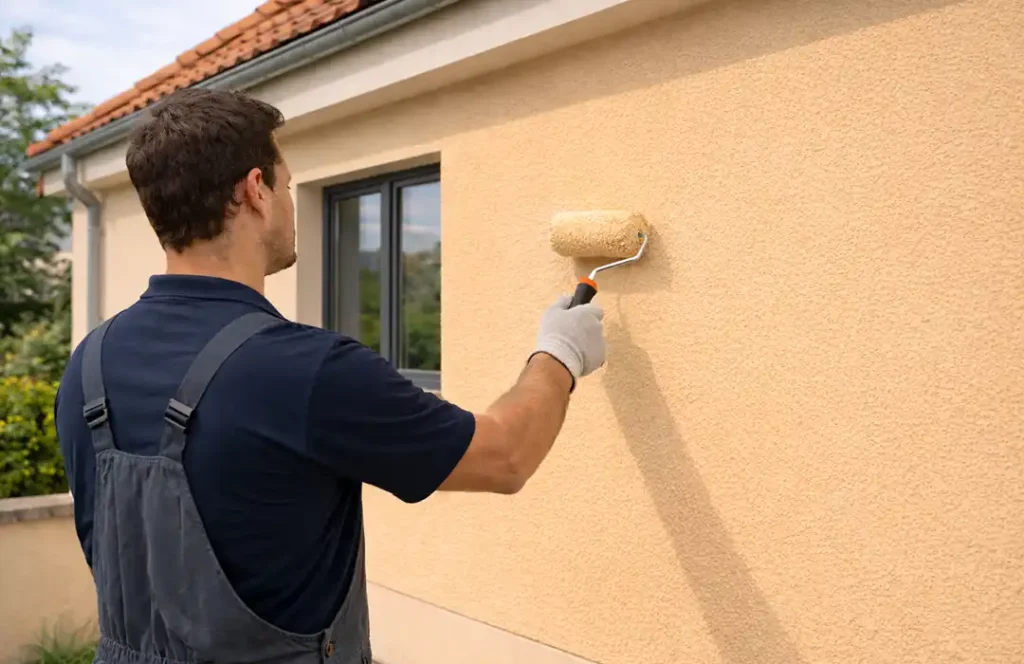 Une personne portant une combinaison et des gants utilise un rouleau &agrave; peinture pour appliquer de la peinture de couleur cr&egrave;me sur le mur ext&eacute;rieur d'une maison - un exemple parfait de quand refaire la peinture ext&eacute;rieure. Une fen&ecirc;tre et une partie du toit en tuiles sont visibles &agrave; l'arri&egrave;re-plan.