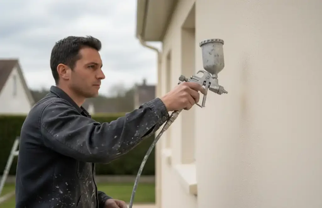 Un homme en tenue de travail sombre utilise un pulv&eacute;risateur de peinture pour refaire la peinture ext&eacute;rieure de son habitation. Il est concentr&eacute; sur sa t&acirc;che, avec des &eacute;claboussures de peinture sur ses v&ecirc;tements et ses mains.