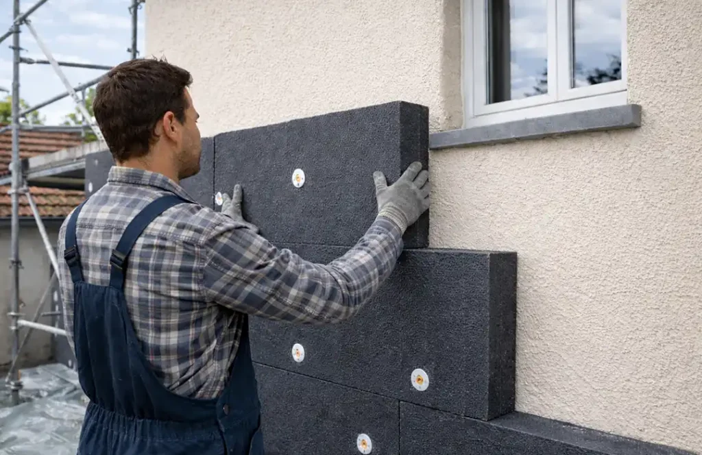Une personne portant des gants et une combinaison installe de grands panneaux d'isolation sombres sur le mur ext&eacute;rieur d'un b&acirc;timent, sous une fen&ecirc;tre - d&eacute;montrant pourquoi choisir l'isolation par l'ext&eacute;rieur. Un &eacute;chafaudage est visible &agrave; l'arri&egrave;re-plan.