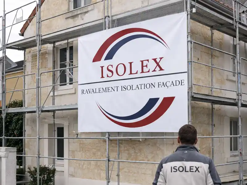 Un ouvrier v&ecirc;tu d'une veste Isolex se tient devant un b&acirc;timent &eacute;quip&eacute; d'un &eacute;chafaudage Chantier de ravalement par Isolex, sur lequel figure un panneau ISOLEX Ravalement Isolation Fa&ccedil;ade bien visible sur la structure.