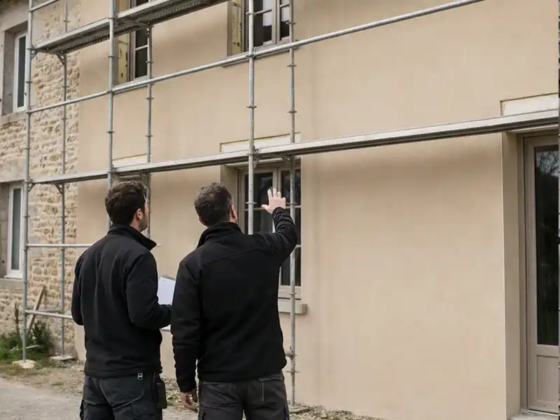 Deux personnes en v&ecirc;tements sombres se tiennent &agrave; l'ext&eacute;rieur d'un b&acirc;timent beige avec des &eacute;chafaudages et regardent la fa&ccedil;ade. L'une d'elles montre le sommet, peut-&ecirc;tre pour parler des r&eacute;parations effectu&eacute;es par une entreprise RGE sp&eacute;cialis&eacute;e dans les travaux de construction certifi&eacute;s.