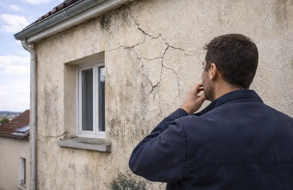 Un homme se tient &agrave; l'ext&eacute;rieur, regardant pensivement un mur ext&eacute;rieur fissur&eacute; d'une maison, semblant pr&eacute;occup&eacute; par les d&eacute;g&acirc;ts et se demandant quand faire un ravalement de fa&ccedil;ade.
