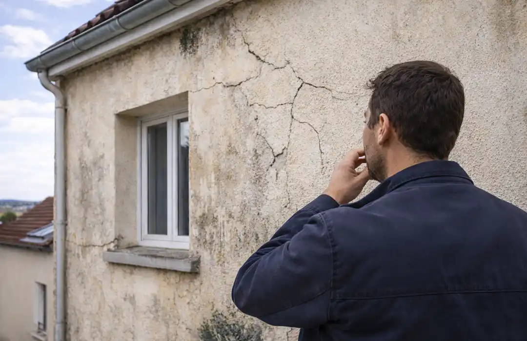 Quand faire un ravalement de façade – Isolex Un homme se tient à l'extérieur, regardant pensivement un mur extérieur fissuré d'une maison, semblant préoccupé par les dégâts et se demandant quand faire un ravalement de façade.