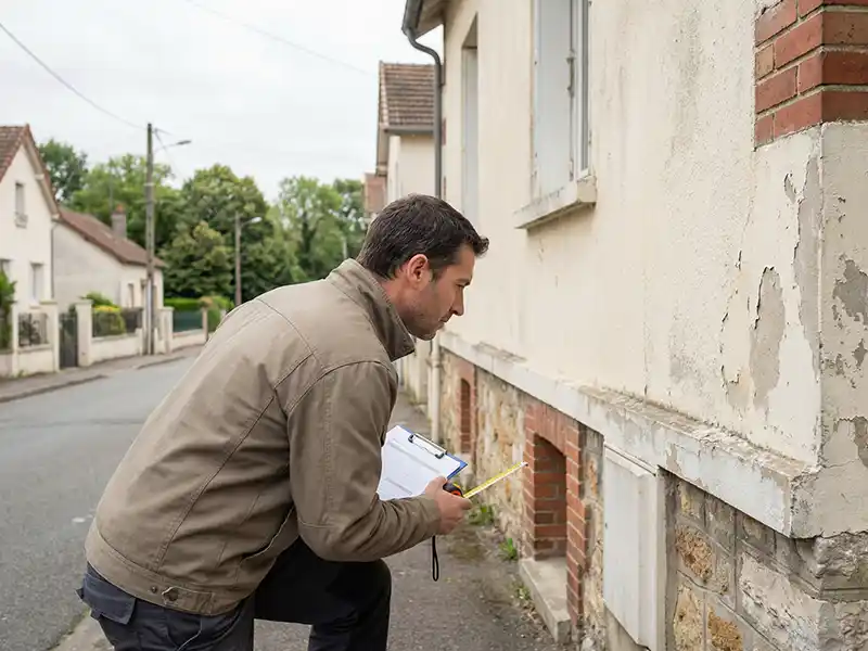 Diagnostique isolation thermique par lexterieur Un homme en blouson inspecte le mur extérieur fissuré et décollé d'une maison, planchette et crayon à la main, effectuant un diagnostic pour l'isolation thermique par l'extérieur dans une rue résidentielle calme.