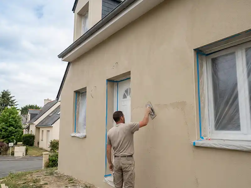 Enduit de finition - Isolex Une personne vêtue de beige utilise une truelle pour appliquer ou lisser de l'enduit de finition sur le mur extérieur d'une maison, dont les fenêtres et la porte sont recouvertes de plastique de protection et de ruban adhésif.