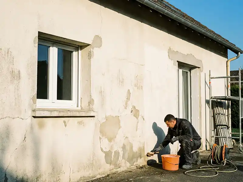 Nettoyage de façade - Isolex Une personne vêtue d'une veste noire est agenouillée à côté d'un mur extérieur blanc et usé par les intempéries, effectuant un nettoyage de façade à l'aide d'une éponge et d'un seau. Une fenêtre et un échafaudage sont visibles à proximité.
