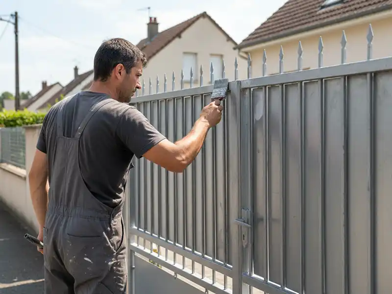 Un homme portant une salopette grise peint au pinceau une cl&ocirc;ture m&eacute;tallique par une journ&eacute;e ensoleill&eacute;e dans un quartier r&eacute;sidentiel, capturant l'essence de la peinture de portail avec des maisons visibles &agrave; l'arri&egrave;re-plan.