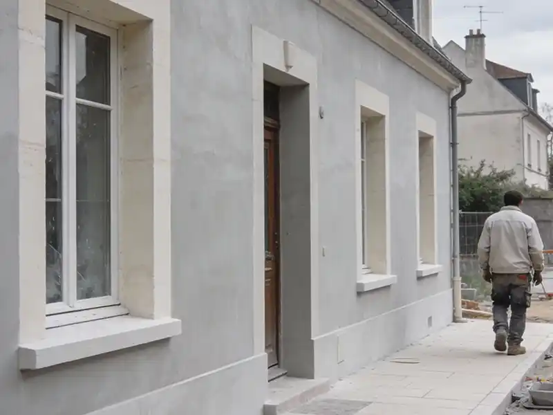Travaux de finition sur Ravalement de façade - Isolex Une personne en tenue de travail marche sur un trottoir pavé à côté d'un bâtiment gris clair avec trois fenêtres et une porte en bois, où des travaux de finition sont en cours et des matériaux de construction sont visibles à l'arrière-plan.